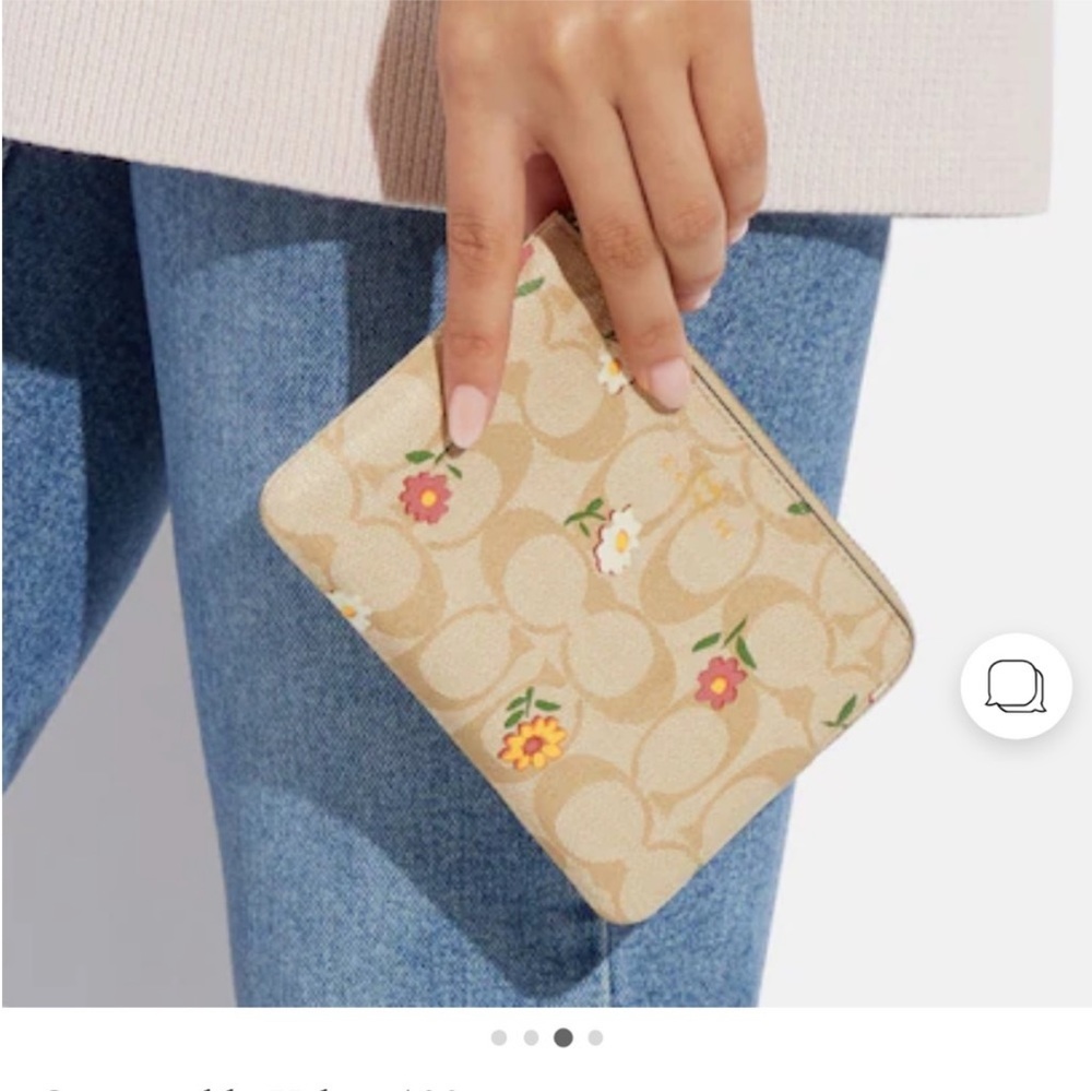 Coach Signature Logo Ditsy Floral Corner Zip Wristlet Wallet Pouch Bag Khaki